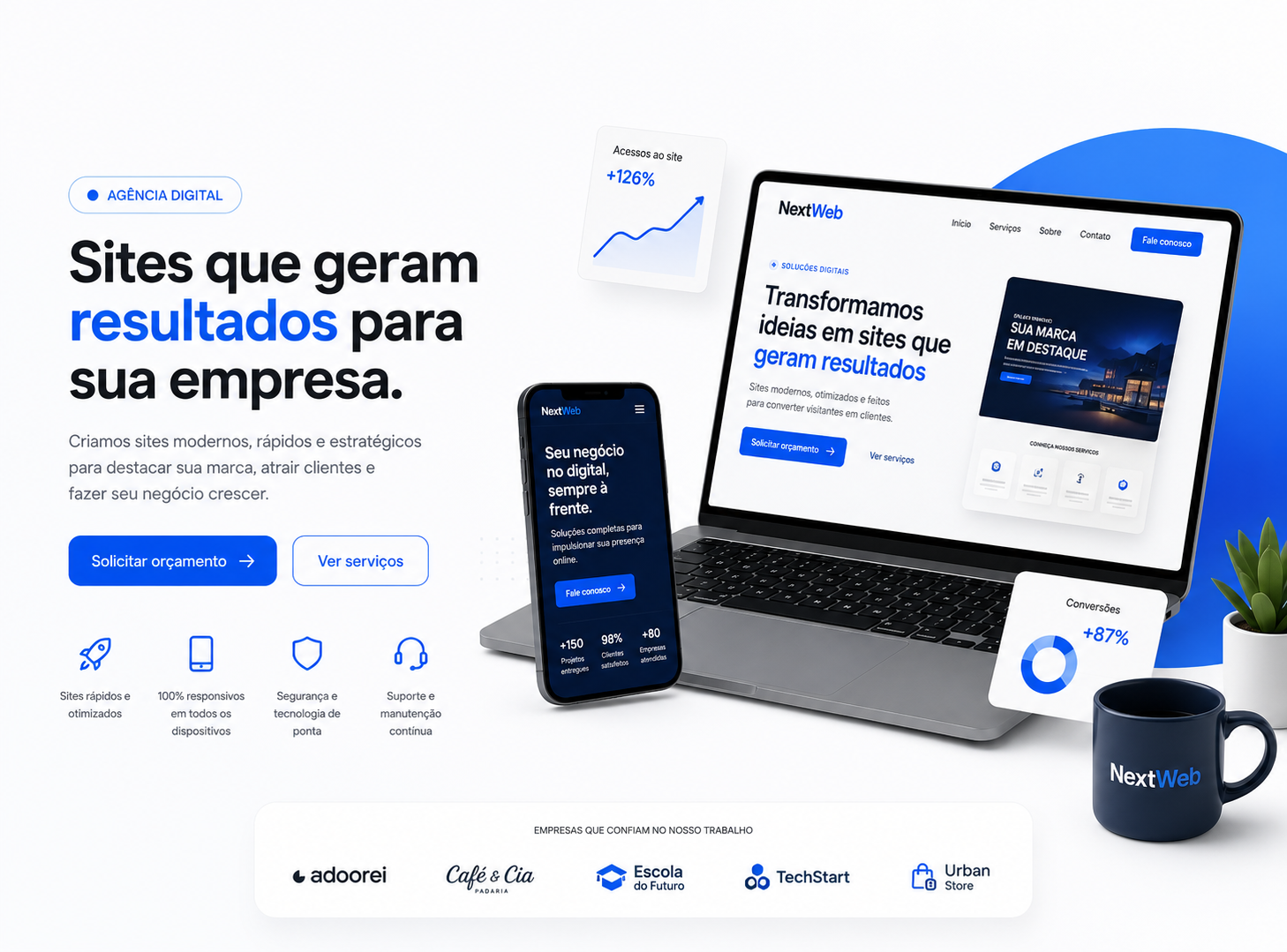 Mockup profissional de laptop e celular exibindo o site da NextWeb